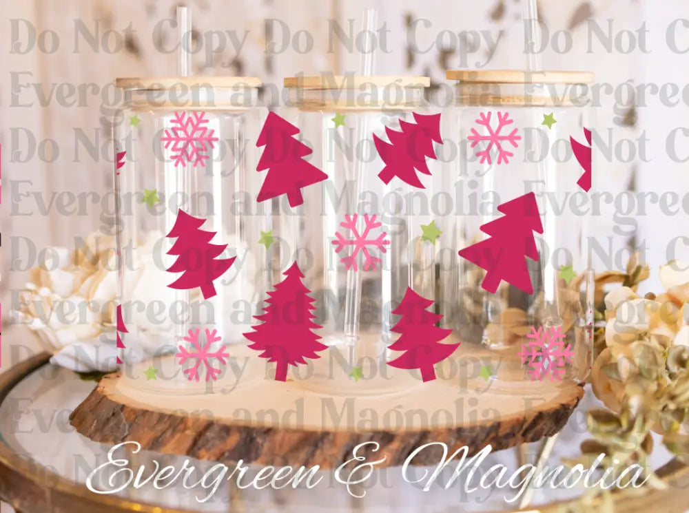hot pink Christmas trees & snowflakes